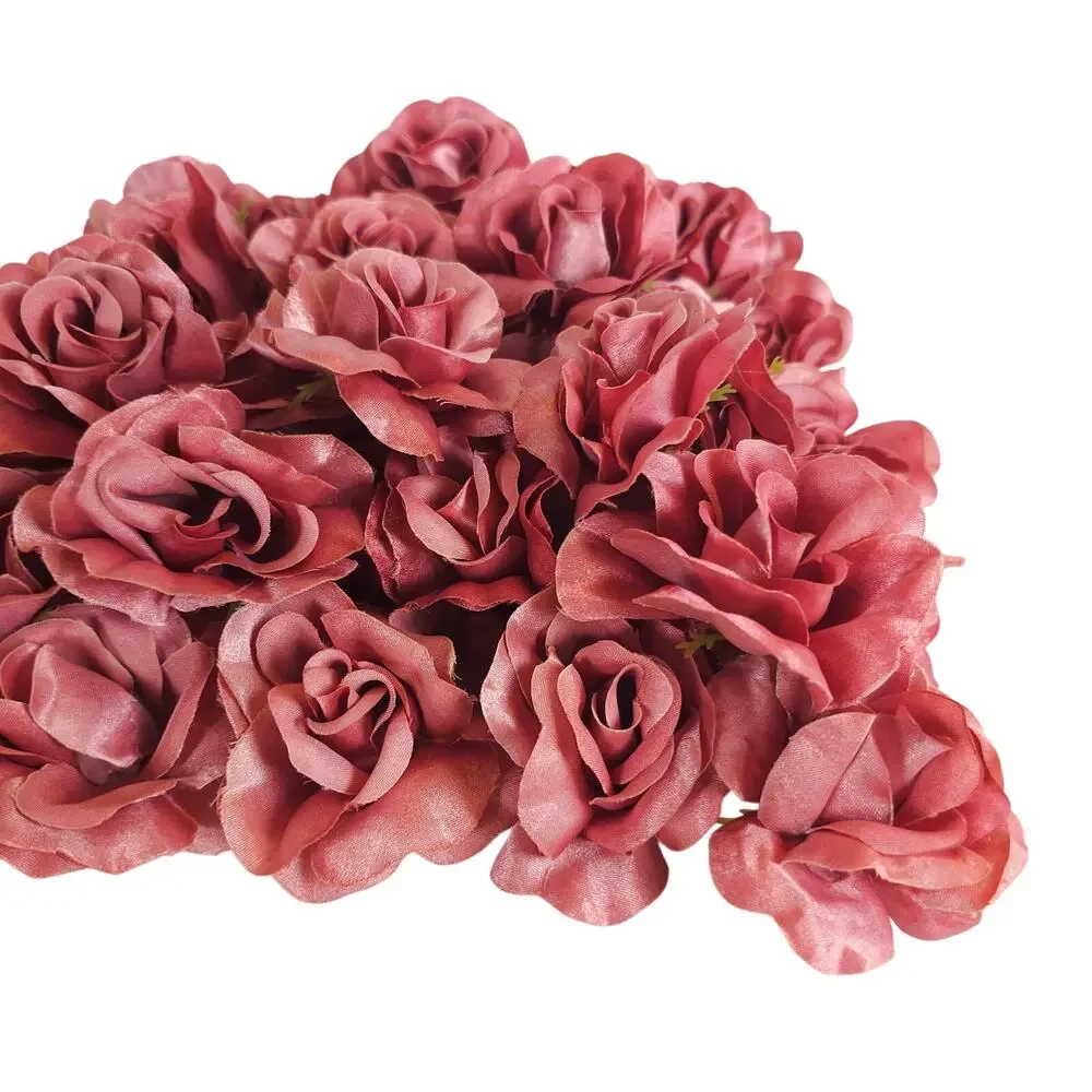100 Mauve Pink Satin Open Rose Heads Stemless Wedding Floral Craft DIY 2.5in
